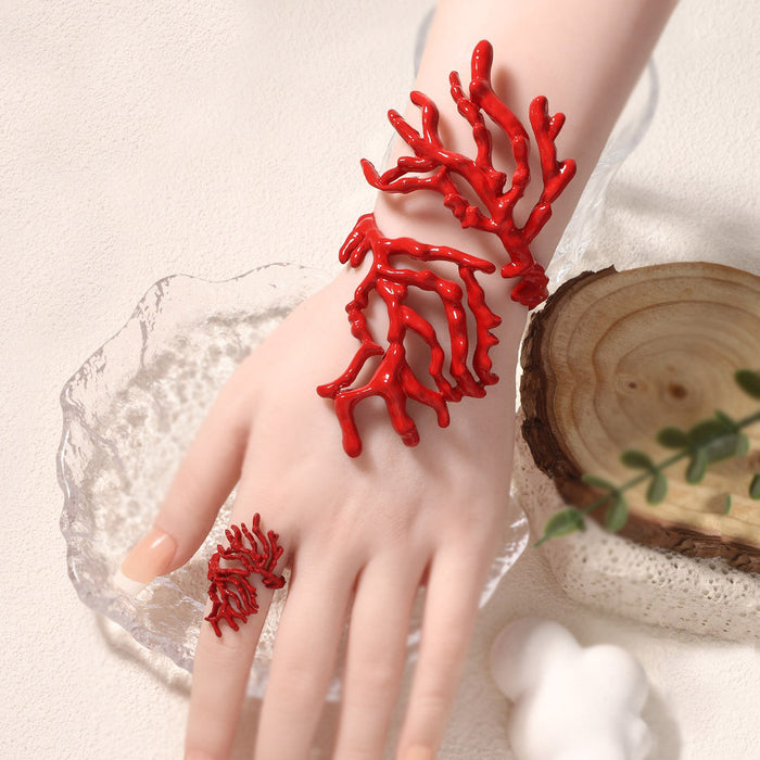 Wholesale Irregular Red Coral Alloy Bracelet Ring Fashion Creative