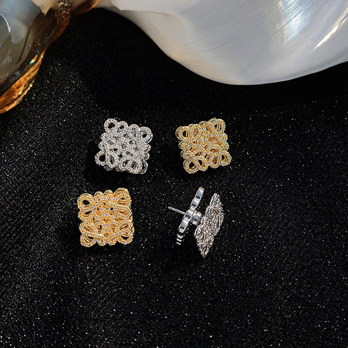 Wholesale 18K gold-plated copper square stud earrings with zircon openwork design