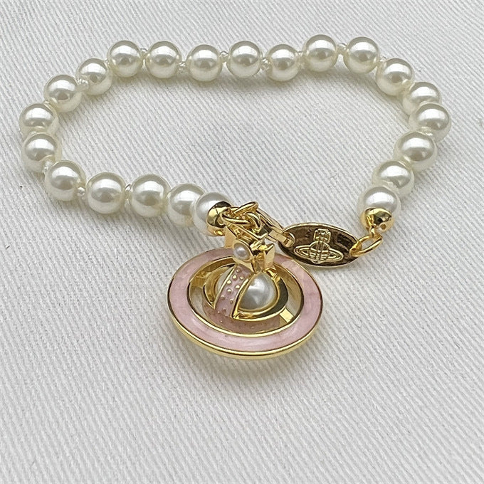 Wholesale Pearl Enamel 3D Saturn Pendant Long Necklace