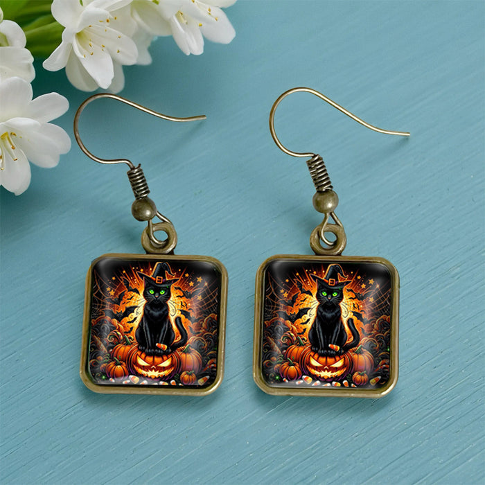 Wholesale  Black Cat Pumpkin Autumn Vintage Copper Square Time Gem Crystal Glass Earrings