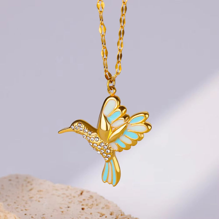Wholesale Stainless steel hummingbird  pendant jewelry inlaid zircon  necklace