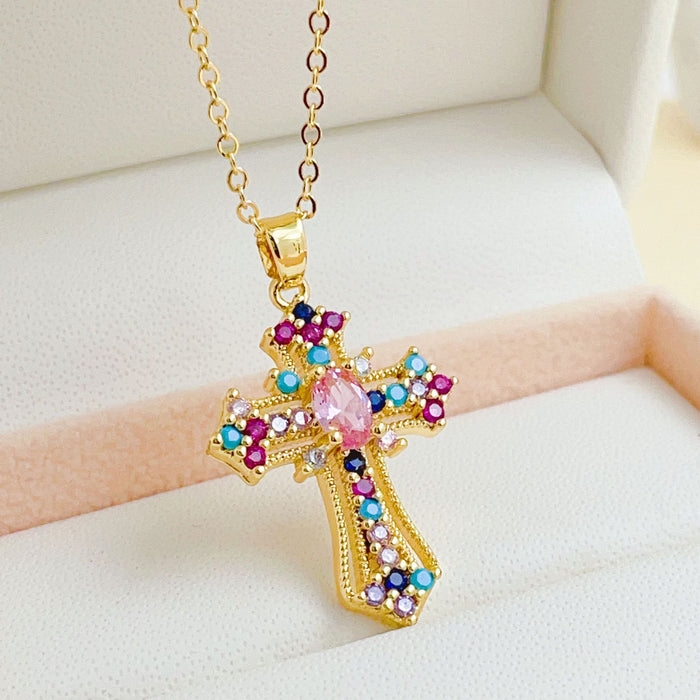 Wholesale Copper Inlaid Zircon Cross Pendant Necklace JDC-NE-ShangY035