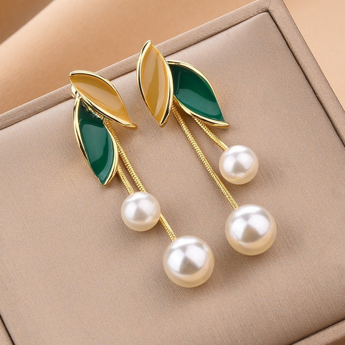 Wholesale pearl leaf tassel earrings drop oil long eardrop tassel earrings earrings