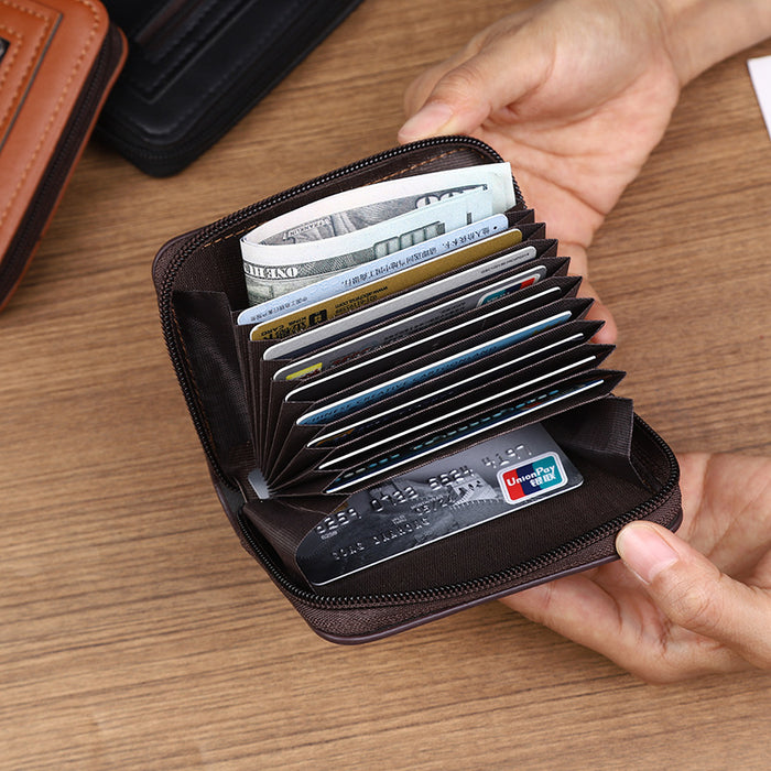 Wholesale Men' s Retro Oil Wax Finish Card Wallet - Accordion Style Zipper Pocket MOQ≥2