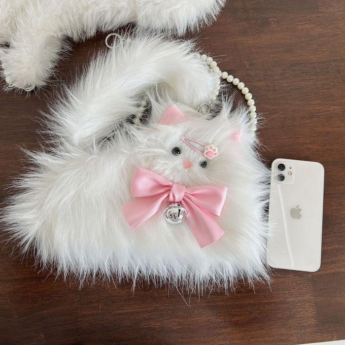 Wholesale Cute girl plush bow cat crossbody plush small bag