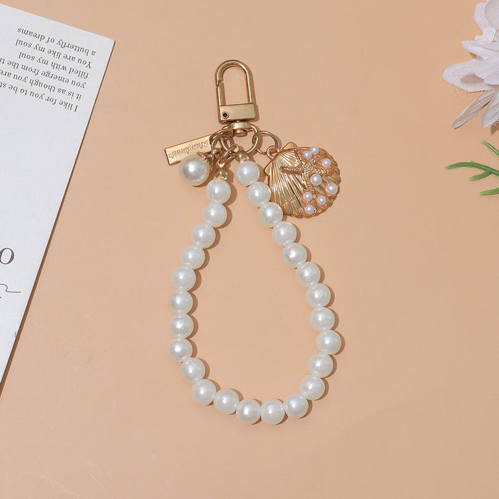 Wholesale Pearl Love Shell Keychain Beaded Hand Chain Key Ring Girl Heart Mobile Phone Bag