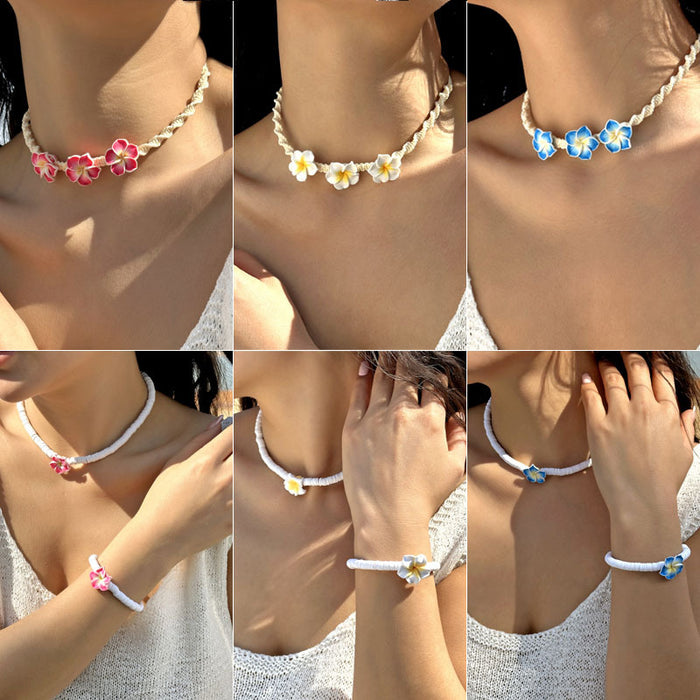 Wholesale Soft Clay Flower Shell Beach Necklace and Bracelet Set Summer Vacation