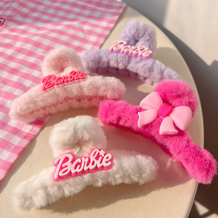 Wholesale Dopamine inducing plush hair claw clip with a cute pink bow