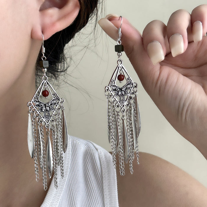 Wholesale Retro Bohemian Long Tassel Drop Earrings Heavy Industry Creative Ethnic Style Diamond-Encrusted High-End Earrings