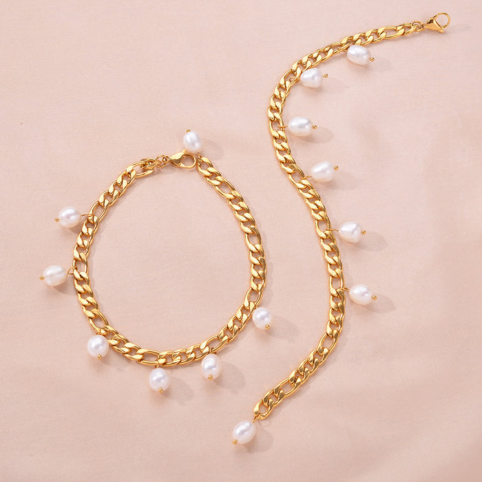 Wholesale Hip hop personality stainless steel natural freshwater pearl Cuban chain foot chain color preservation wholesale