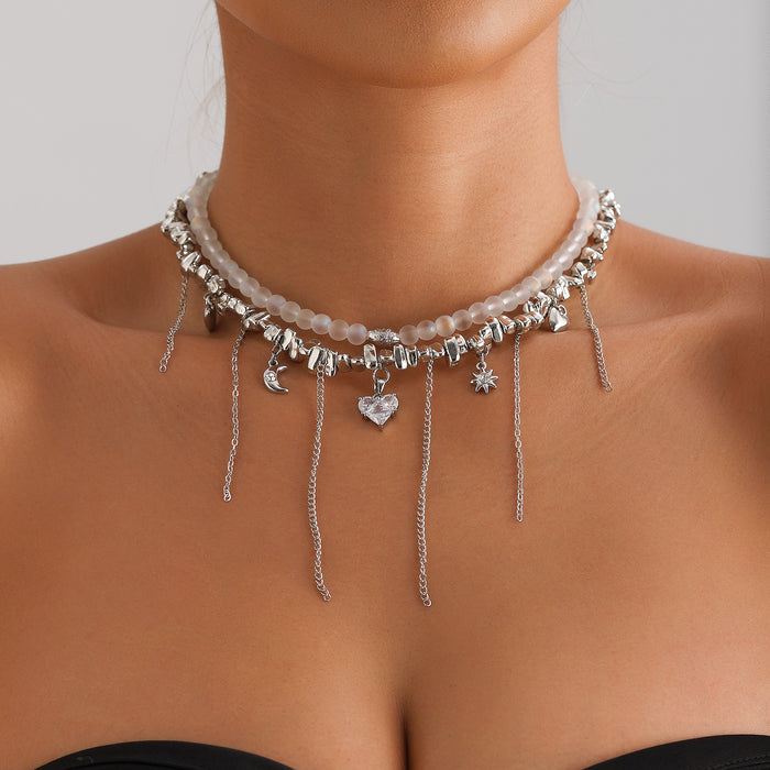 Wholesale Heart-shaped Zircon Tassel Pendant Clavicle Necklace