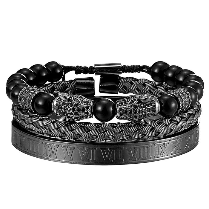 Wholesale Leopard Head Braided Bracelet Stainless Steel Roman Number Bracelet Vintage Style Three Piece Set