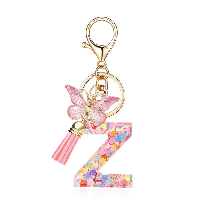 Wholesale Fashion pink letter key chain love sequins butterfly tassel key chain crystal  accessories