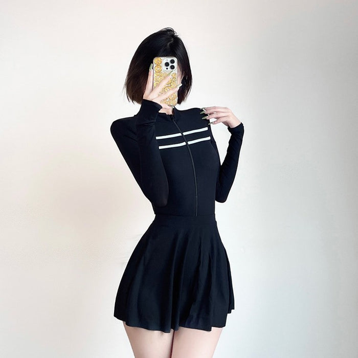 Wholesale One piece swimsuit slimming black long sleeved sunscreen short style sexy hot spring swimming suit