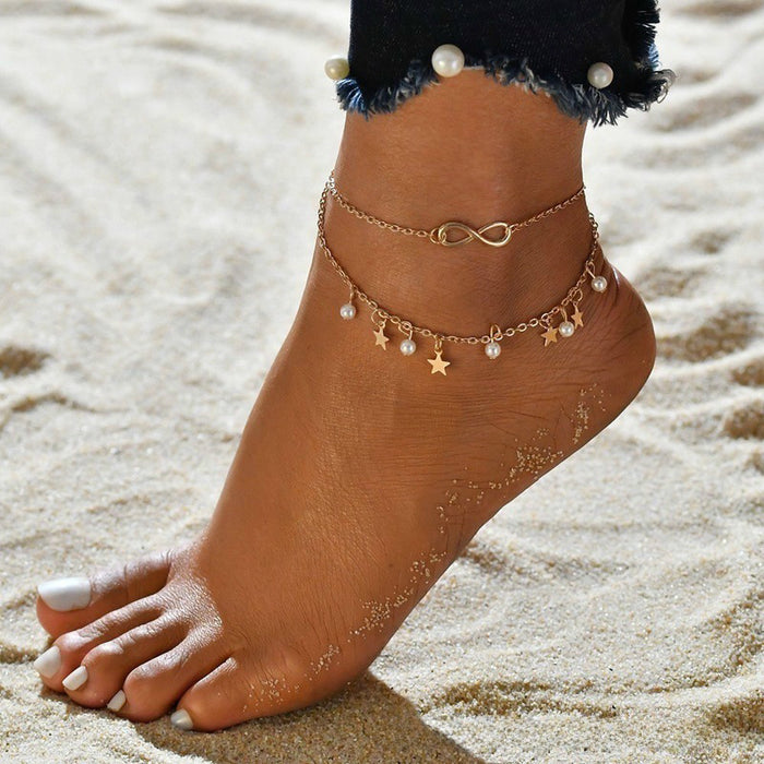 Wholesale Beach multi-layer zircon leaves, octagonal pearl ankle chain, sun moon star pattern jewelry