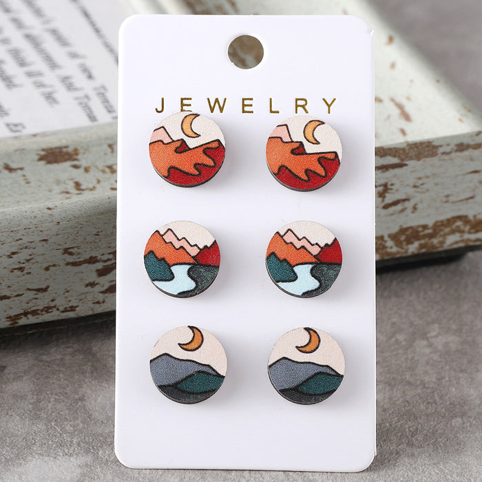 Wholesale Bohemian Abstract Sun Mountains Rivers Simple Scenery Earrings Set Wooden Earrings Gift
