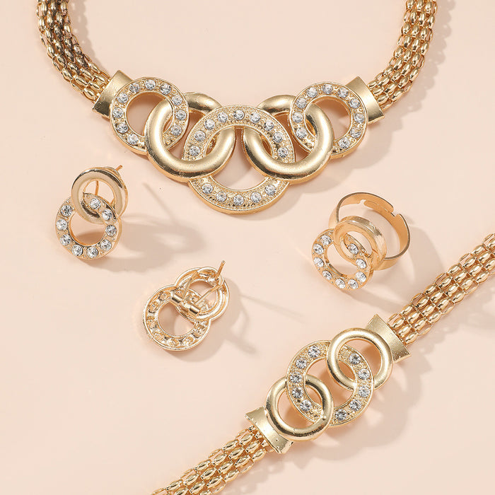 Wholesale Exquisite five piece set of fashionable jewelry for women, gorgeous rhinestone cross ring necklace, earrings, bracelet, ring set