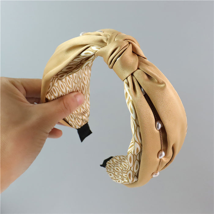 Wholesale Love Pearl Chain Geometric Print Wide Edge Butterfly Knot Headband JDC-HD-ZC014