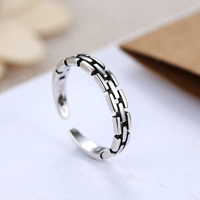 Wholesale Vintage rectangular block splicing hollow ring, fashionable vintage style, personalized silver plated open mouth dining ring