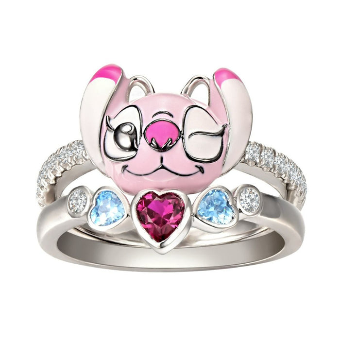 Wholesale Lilo & Stitch Anime Periphery Stitch Angel Micro-inlaid White Stone Two-piece Ring JDC-RS-jinmiao001