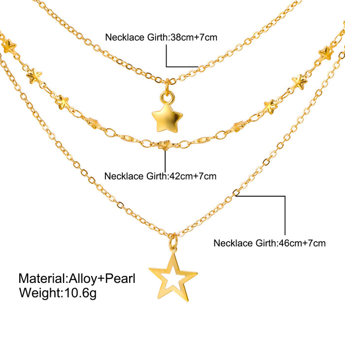Wholesale hollow five-pointed star pendant necklace  multi-layered clavicle chain for women