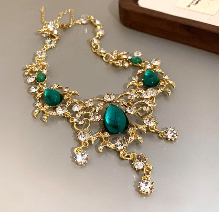 Wholesale Exaggerated Diamond Set Leaves Water Drop Pendant Necklace