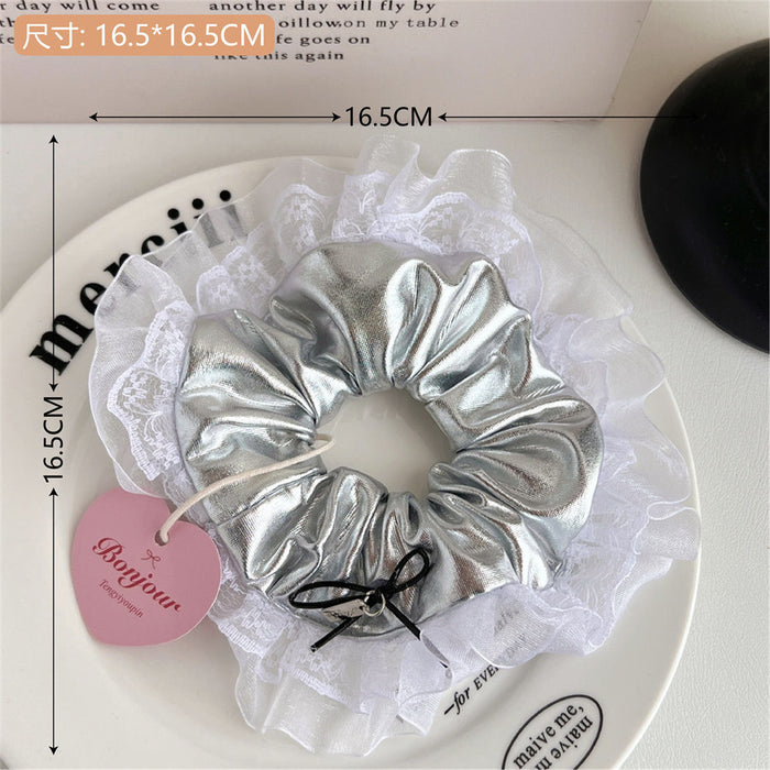 Wholesale silver Leather Bow Large Intestine Hair Rings Niche Hair Rope Hair Accessories