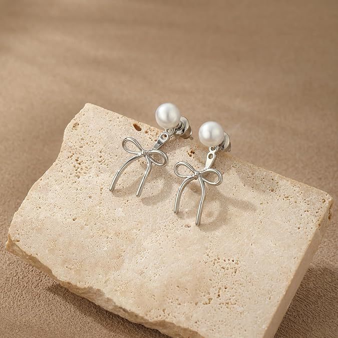Wholesale New pearl bow earrings silver ribbon earrings hanging pearl high-end earrings