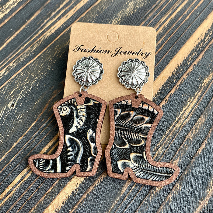 Wholesale Western Denim boots earrings classic leopard leather inlaid wood texture earrings