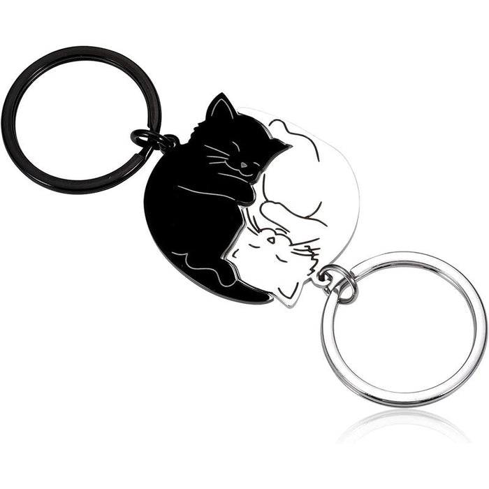 Wholesale cartoon black white cat stainless steel keychain couple jewelry small pendant