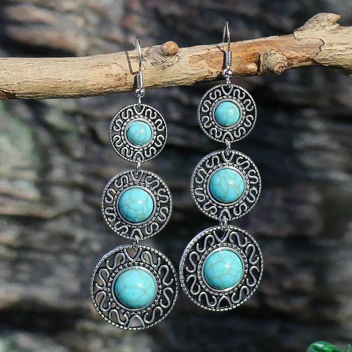 Wholesale Exquisite earrings inlaid with turquoise, women's retro alloy bells, versatile and beautiful earrings