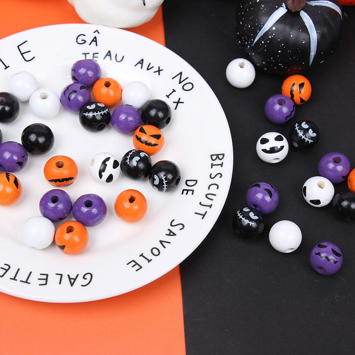 Wholesale 50pcs Halloween Single-sided Printing 16mm Colored Wooden Beads Pumpkin Ghost Face Wooden Beads JDC-BDS-TianYue001