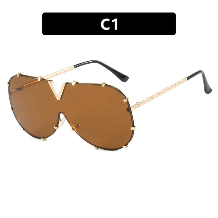 Wholesale Personalized trendy sunglasses, fashionable sunglasses, large frame integrated sunglasses, metallic high-end feel