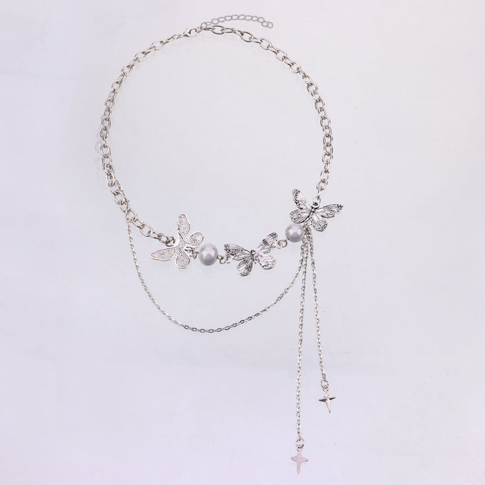 Wholesale Luminous Pearl Three Butterfly Double Layer Tassel Alloy Necklace JDC-NE-ZuoW006