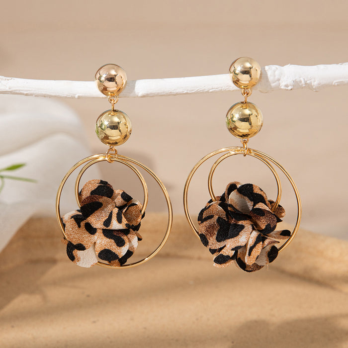 Wholesale Tassel multi-layer fabric leopard print flower earrings retro European and American style petal earrings niche design velvet flower earrings