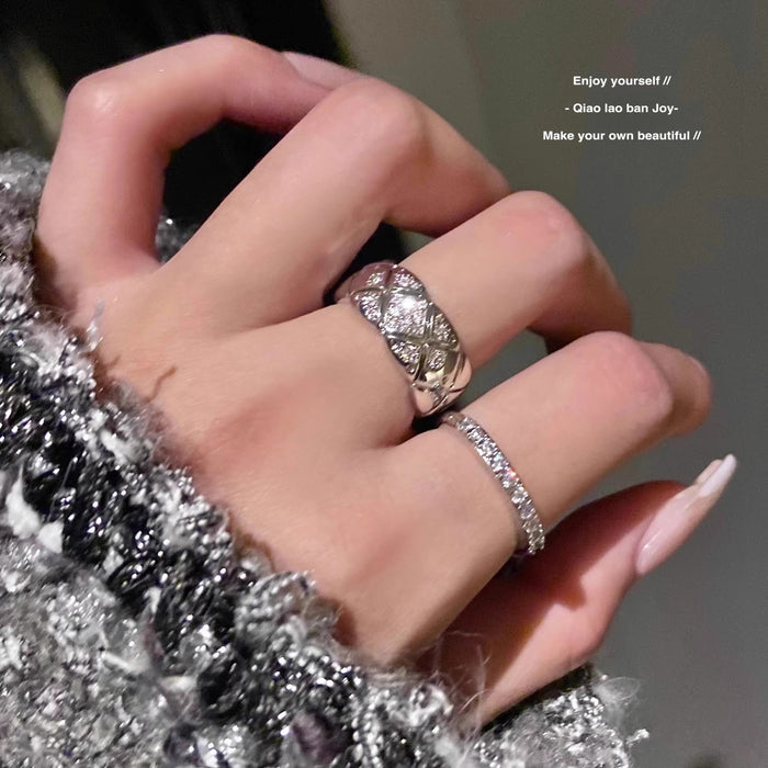 Wholesale Diamond patterned diamond ring with diamond pattern, sparkling diamond opening, stacked silver, simple, high-end, cool