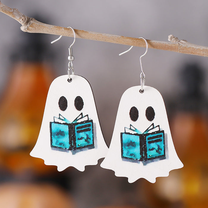 Wholesale  Gothic Style Cute Ghost Flower Book Pocket Ghost Pendant Wooden Double-Sided Earrings