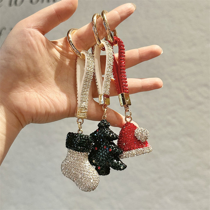 Wholesale Full Rhinestone Christmas Keychain Cartoon Christmas Tree Metal Key Ring
