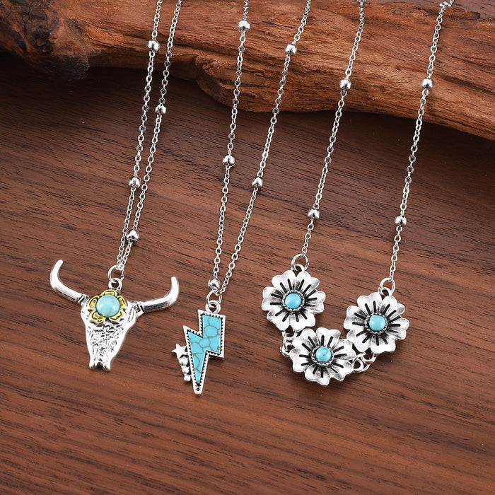 Wholesale Western cowboy retro ethnic style imitation turquoise alloy bull head combat boots hat pendant necklace