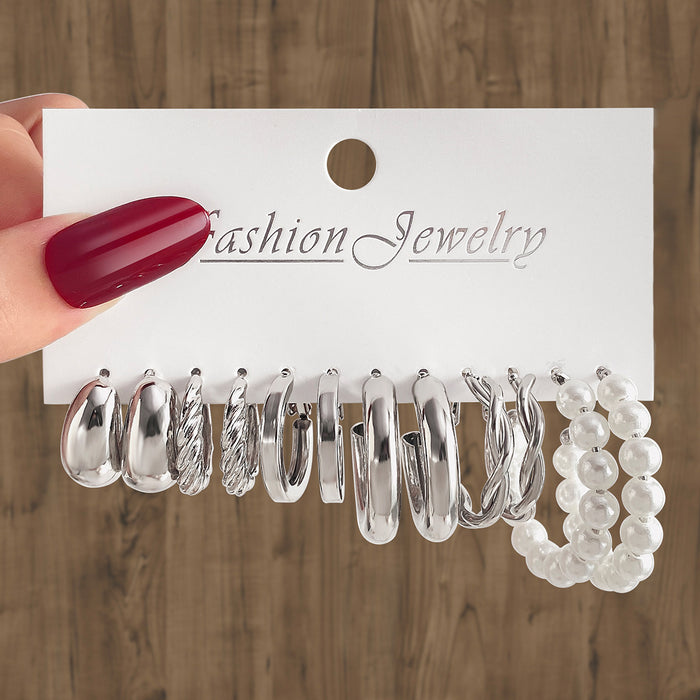 Wholesale 6-piece geometric pearl and diamond statement earring set