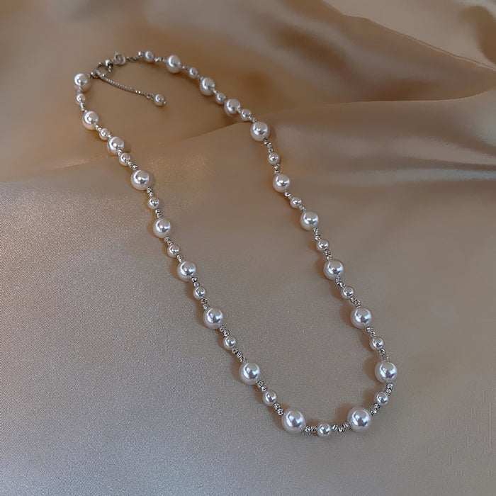 Wholesale Rose colored pearl bead necklace, atmospheric sweater chain, retro temperament, sliding buckle, adjustable collarbone chain