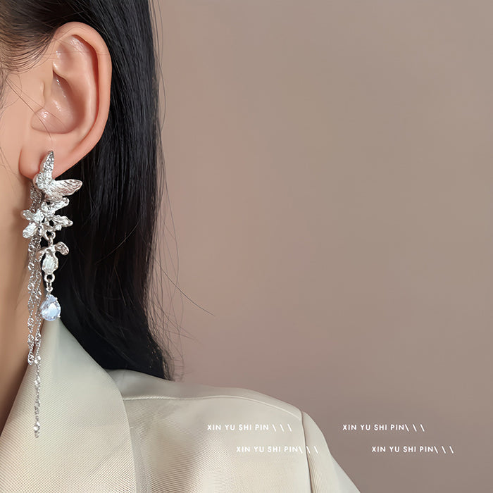 Wholesale Light luxury metal texture tassel butterfly flower earrings, new light luxury exquisite niche earrings