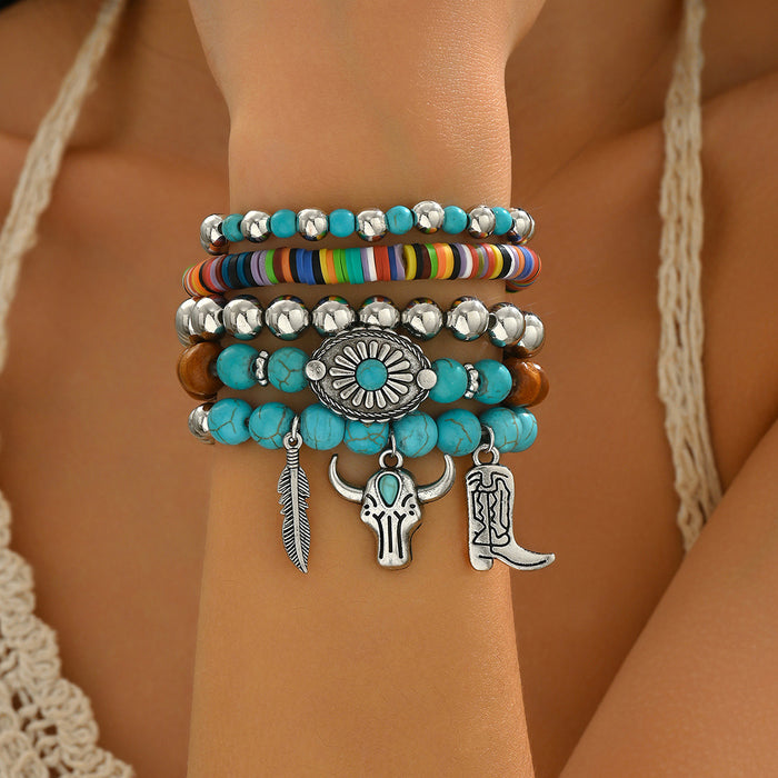 Wholesale Retro Turquoise Wood Bead Bead Alloy Elastic Thread Multi piece Bracelet Set