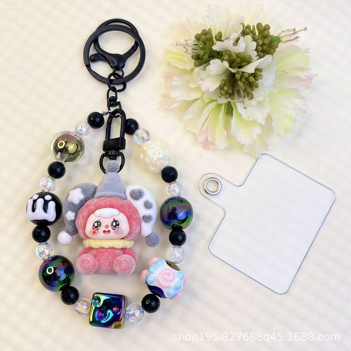 Wholesale Flocking sitting funny colorful beaded mobile phone chain keychain bag doll pendant accessories