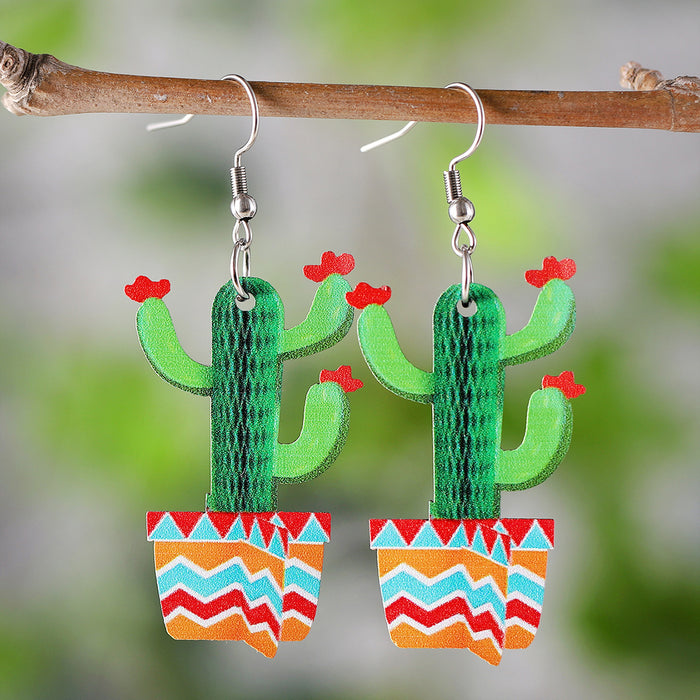 Wholesale Mexico Fifth Festival of the Dead Straw Hat Funny Cactus Pendant Earrings Wooden Double-sided Earrings