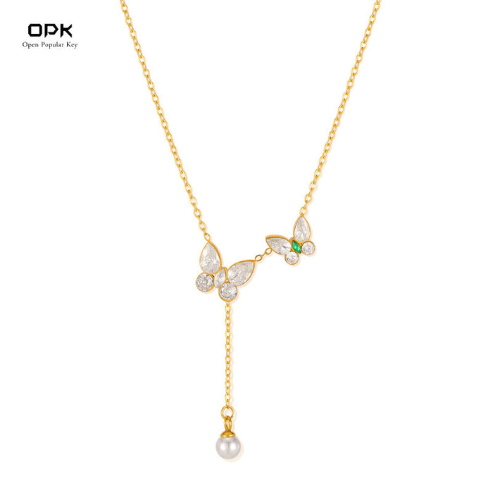 Wholesale Stainless steel necklace, fashionable and versatile for commuting, butterfly pearl, titanium steel lock chain