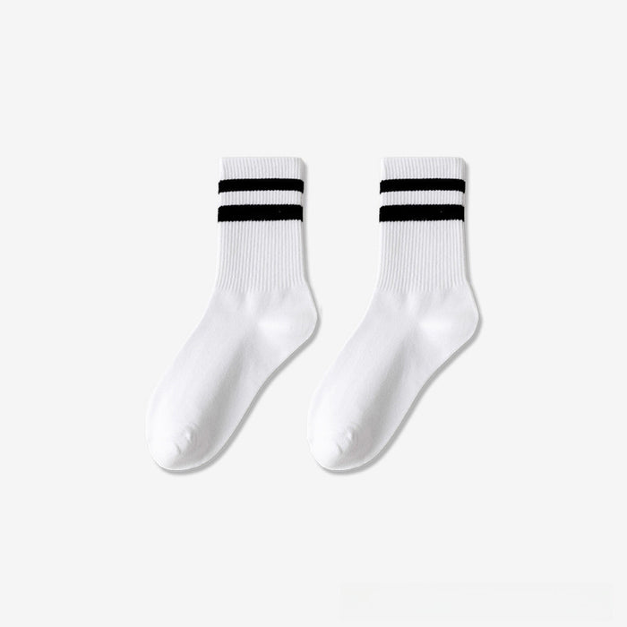 Wholesale Socks with parallel bars, mid length socks, pure cotton casual sports long socks