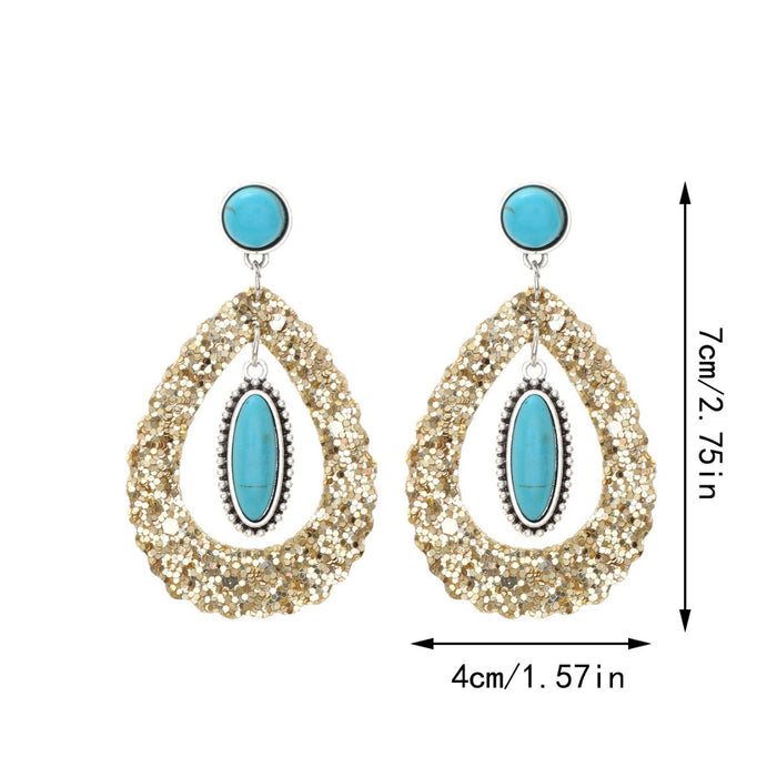 Wholesale Sequined Hollow Drop-shaped Natural Turquoise Leather Earrings JDC-ES-YiTian003