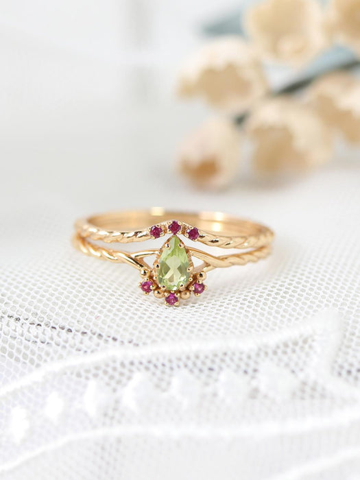 Wholesale Inlaid Water Drop Anti Olivine Set Combination Open Ring Vintage