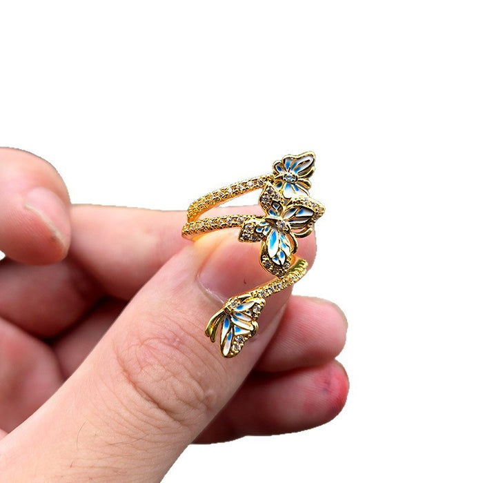 Wholesale New Dynamic Design Dreamy Dancing Butterfly Enamel Exquisite Opening Adjustable Ring